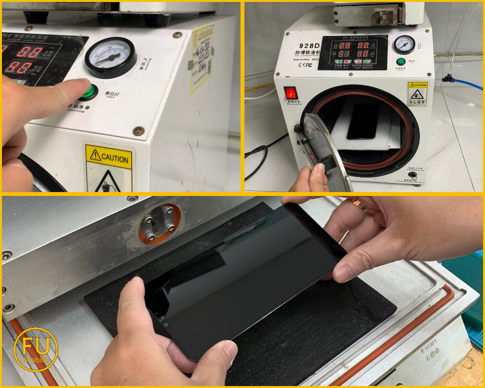 Cận cảnh máy ép kính chân không và máy hấp UV tại phòng kỹ thuật