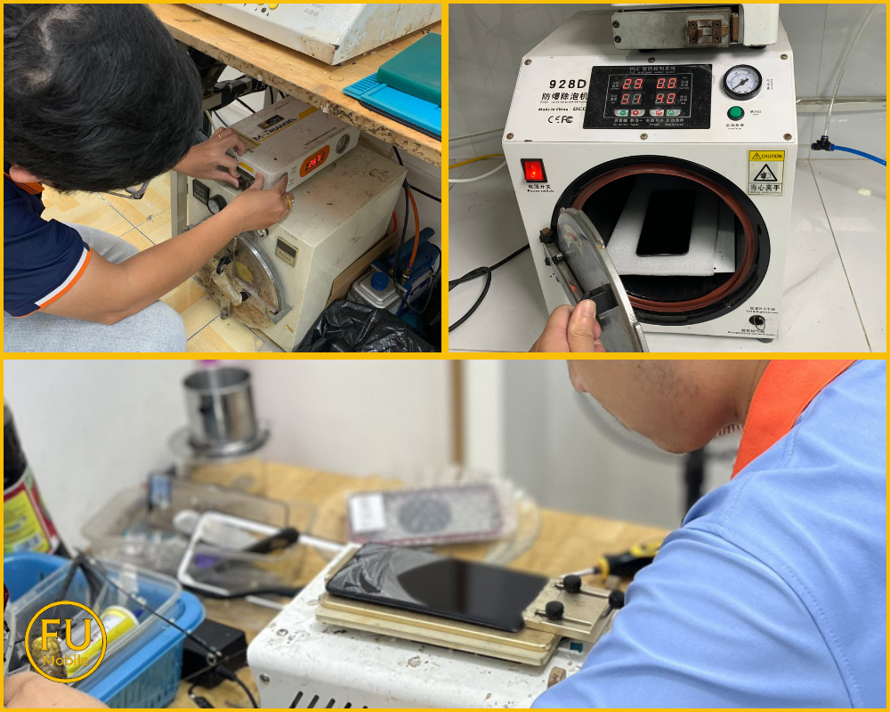 Hệ thống máy ép kính chân không và máy hấp UV hiện đại tại phòng kỹ thuật FUmobile